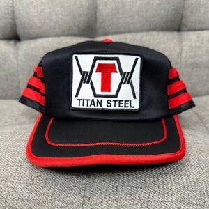 Vintage Titan Steel Patch Men's Black/Red Striped Snapback Trucker Hat